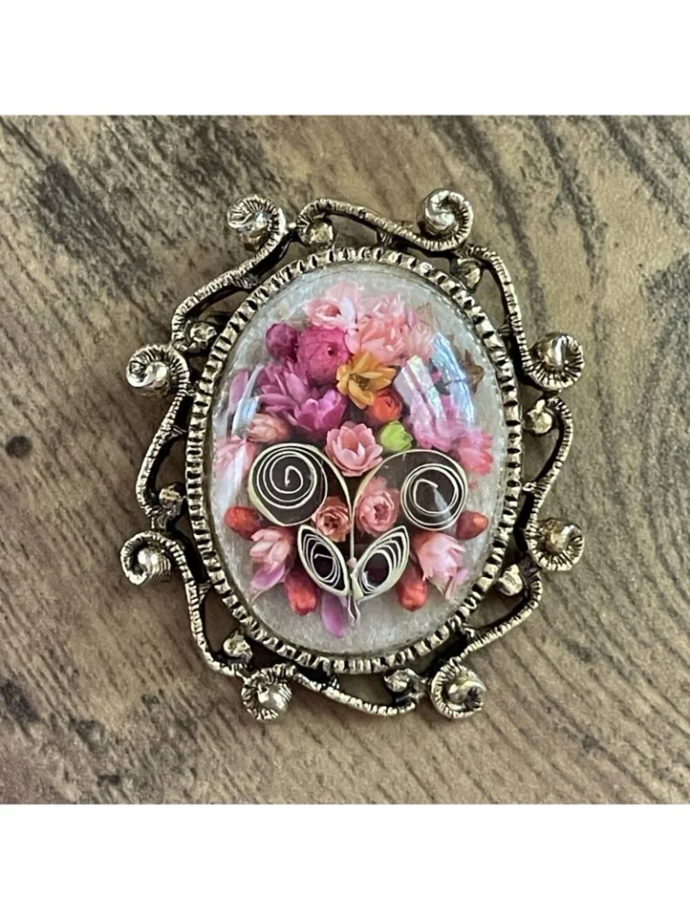 Vintage Floral Brooch Pendant Dried Paper Quilling Flowers Victorian Revival